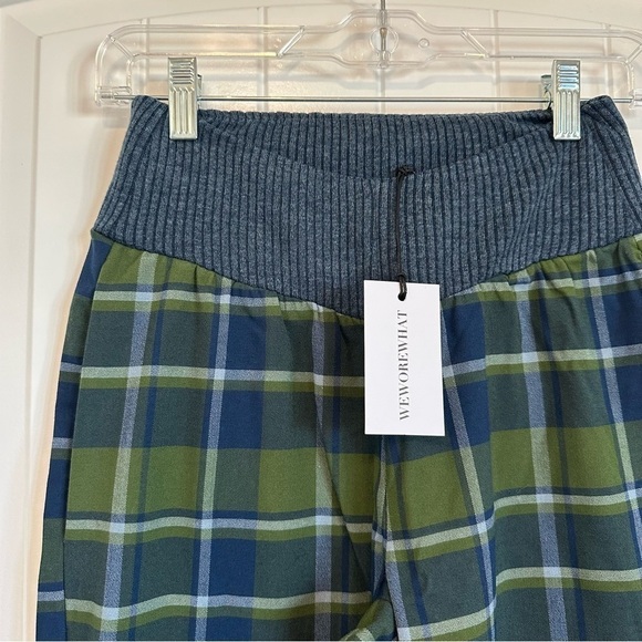 NWT WeWoreWhat low rise pant stretch waist plaid green blue extra long pockets - Picture 2 of 9
